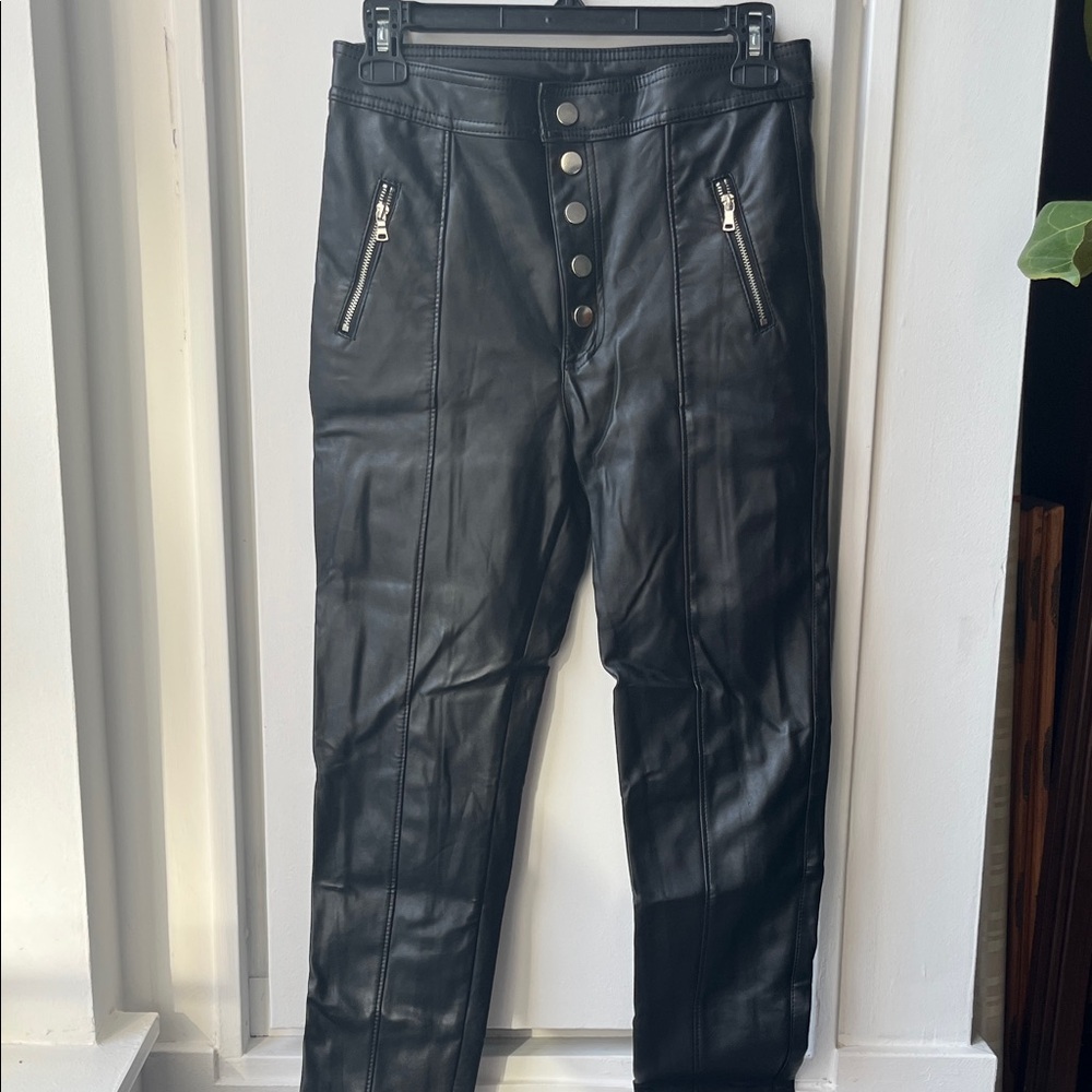 Black Faux Leather Pants with Button Detail